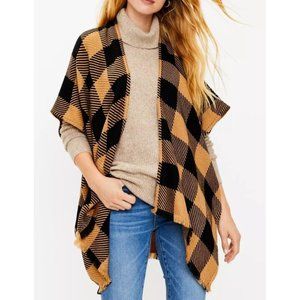 LOFT Brown & Black Buffalo Plaid Fringe Trim Shawl Cape Light Knit Wrap Jacket